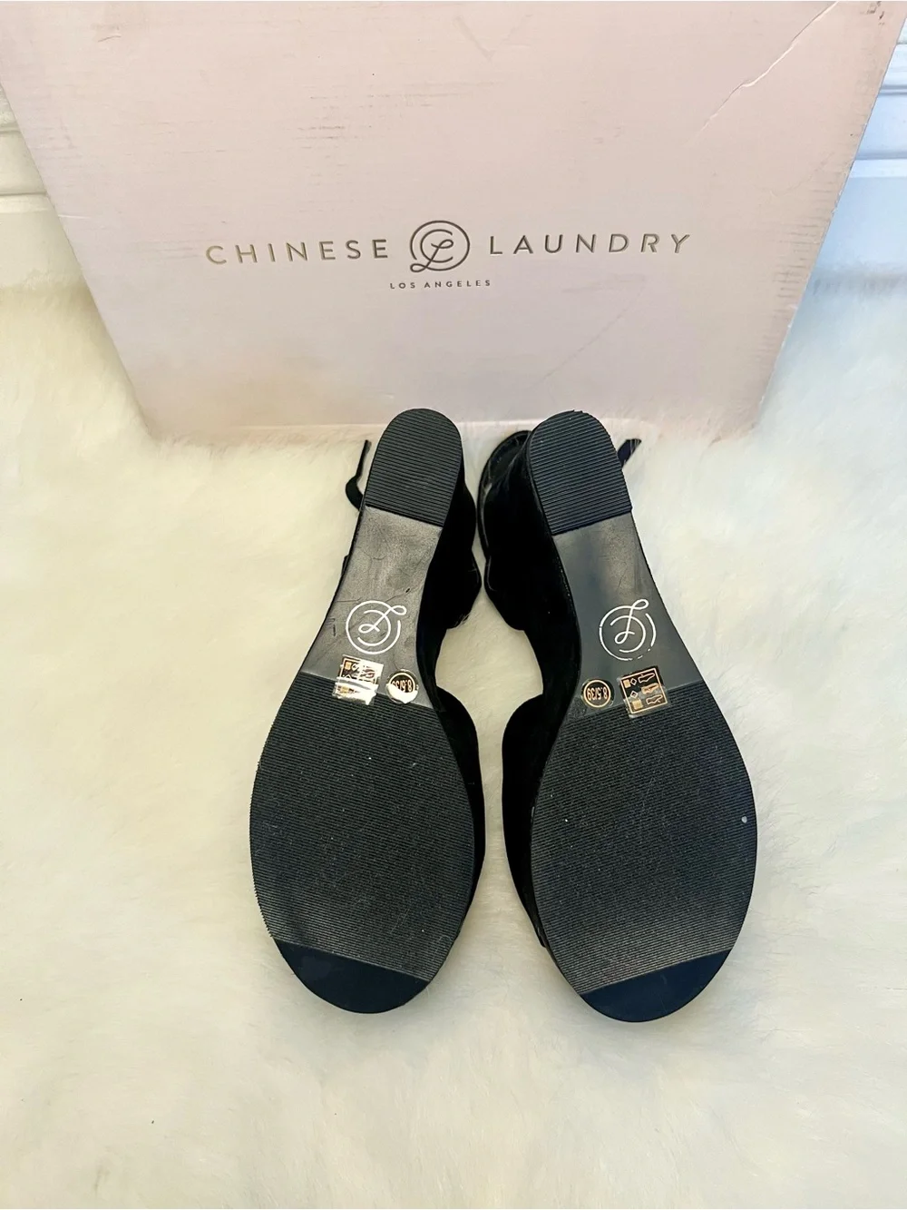 Chinese Laundry Ellia Black Suede Wedge Sandals with Ankle Strap